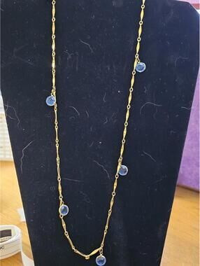 30" Gold Tone Necklace Blue Crystal Station Beads Long Chain Costume Jewelry